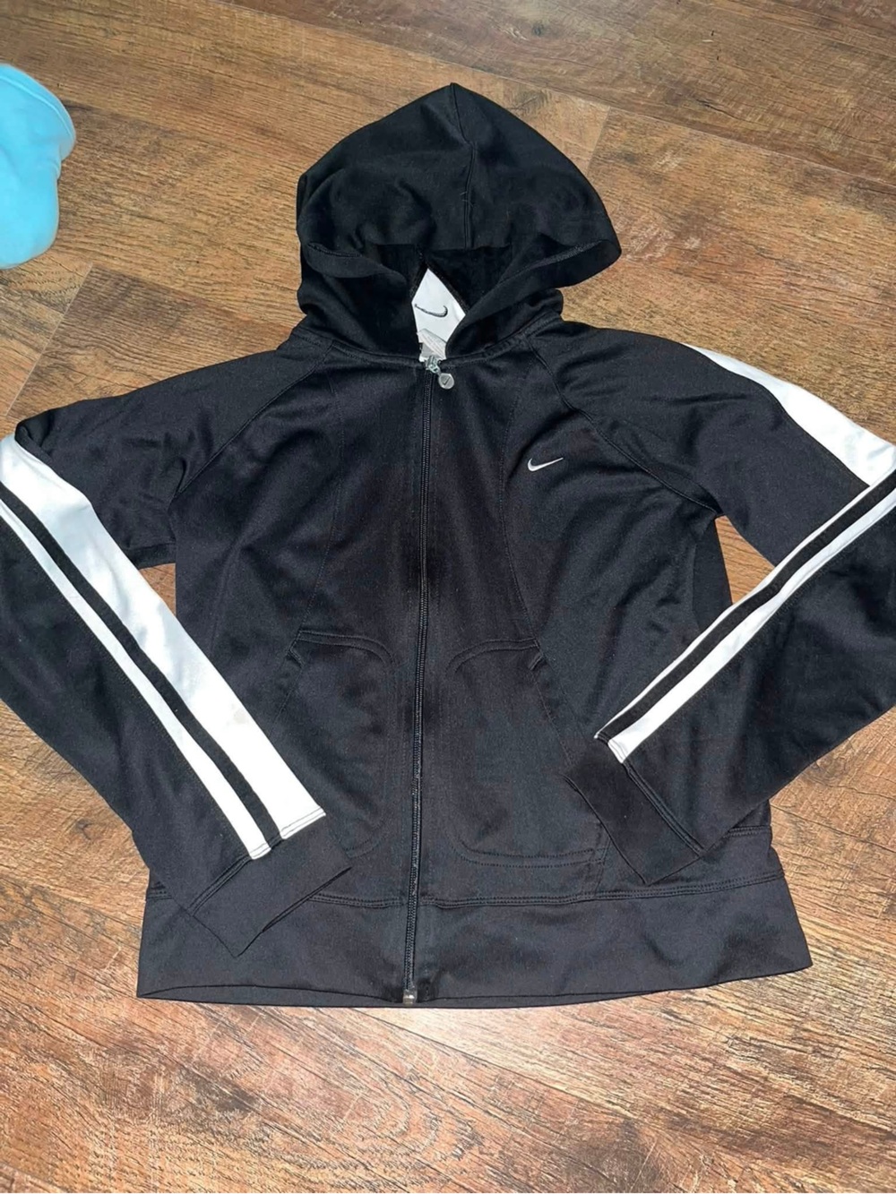 Nike Black Hooded Windbreaker with White Stripe Accents